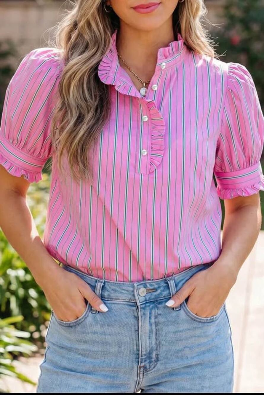 Entro Women’s Small Pink & Green Ruffle Trim Puff Sleeve Blouse